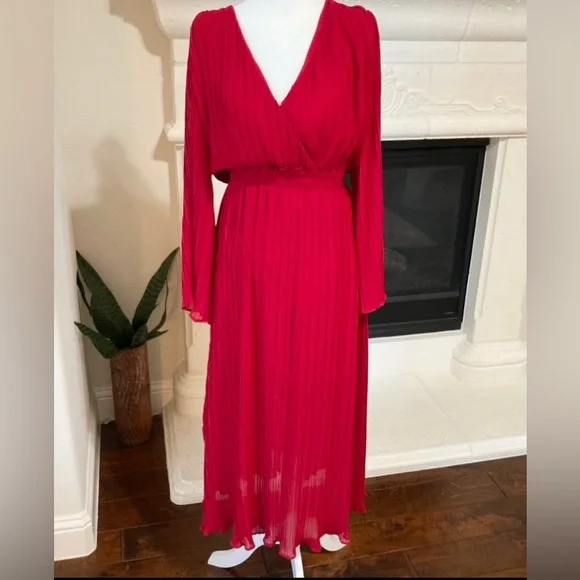 Zara | Dresses | Zara Red Maxi Dress Chiffon Long Sleeve V Neck Pleated  Size Small S | Poshmark